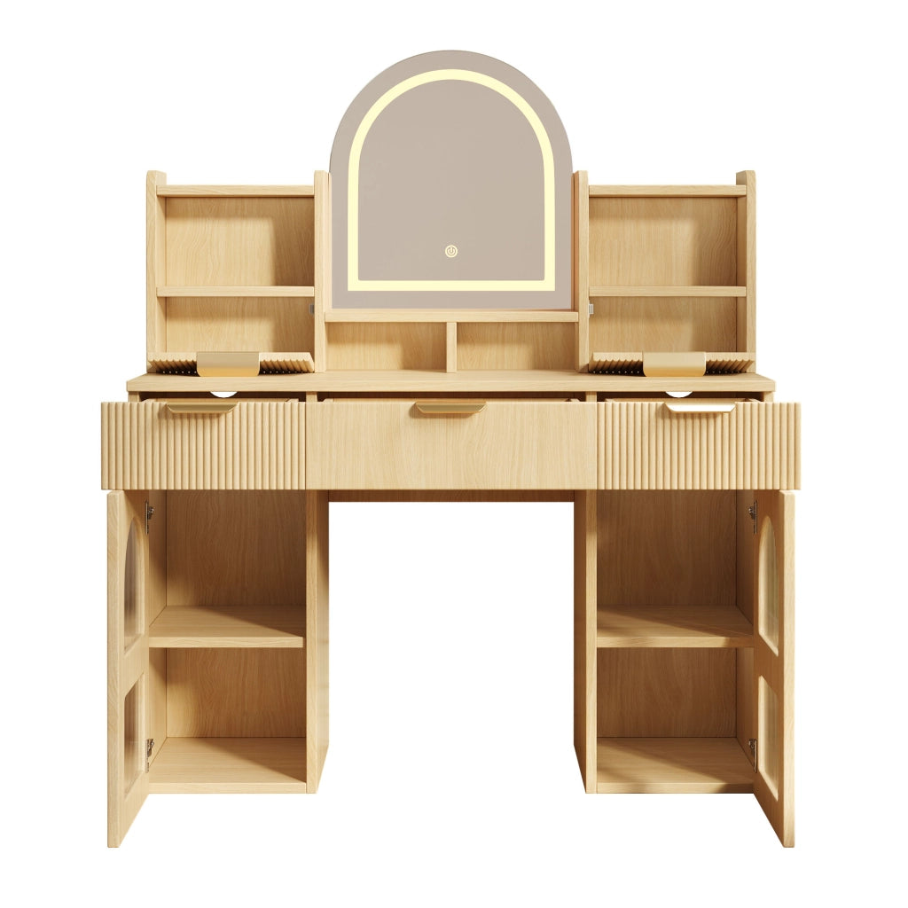Scrivania Toeletta con Specchio e LED ¨C MINIMAL ¨C Legno, 3 Cassetti, 120x40x139