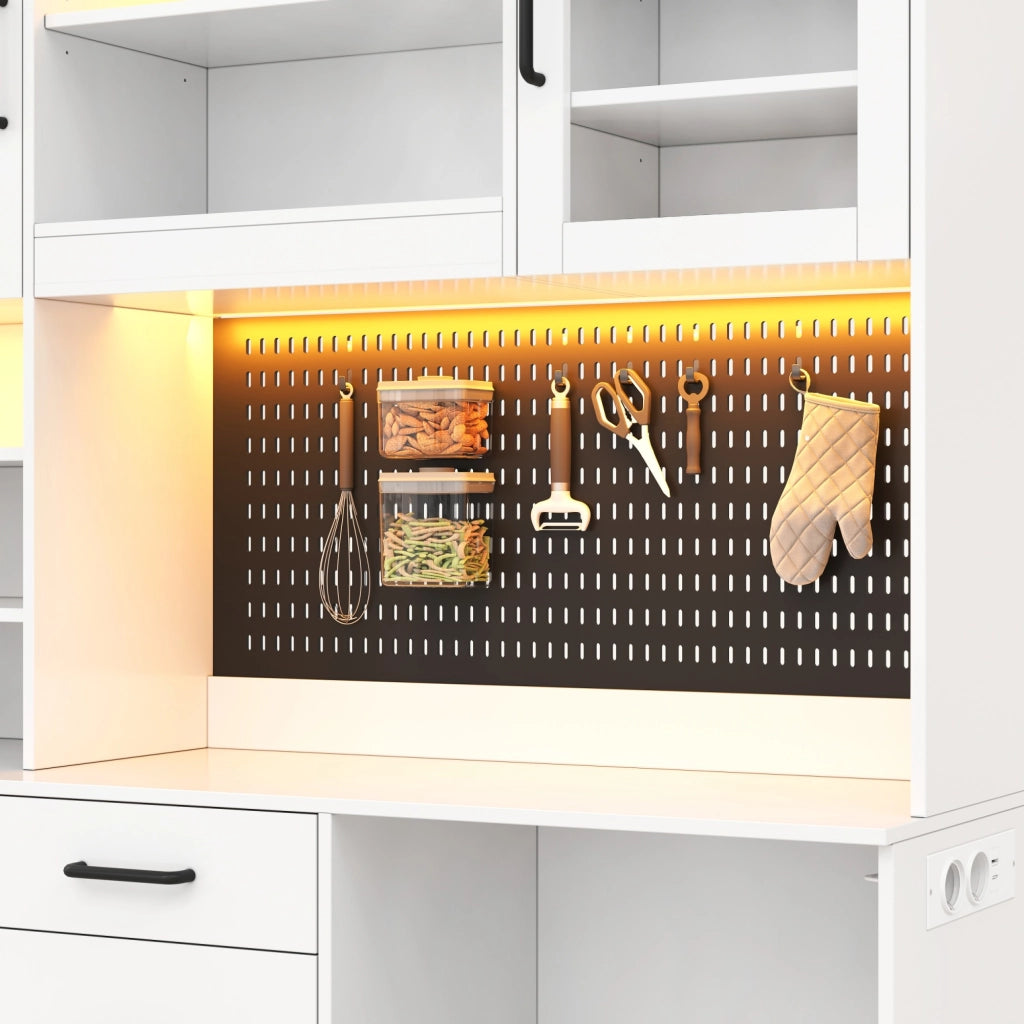 Credenza da cucina con LED RGB, prese e 5 cassetti, ripiani regolabili, per cucina, bianco, 185 × 145 × 40 cm