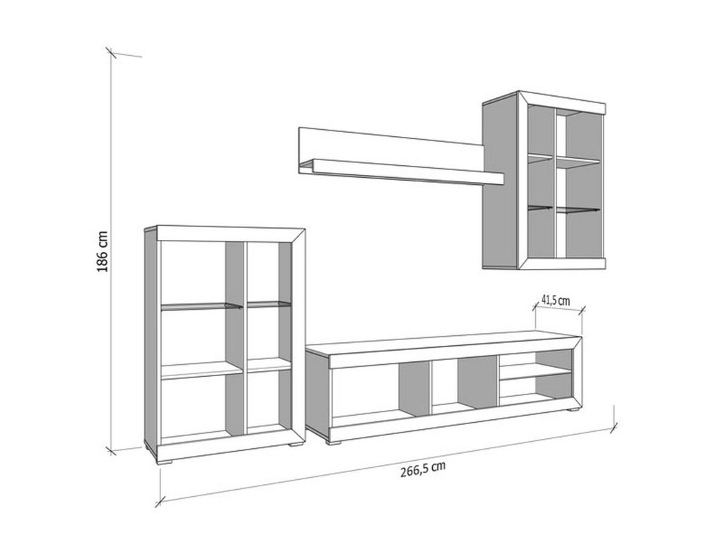 Mobile Soggiorno Dongo, Parete Attrezzata 10 Ripiani, 266.5x41.5x186h cm Bianco