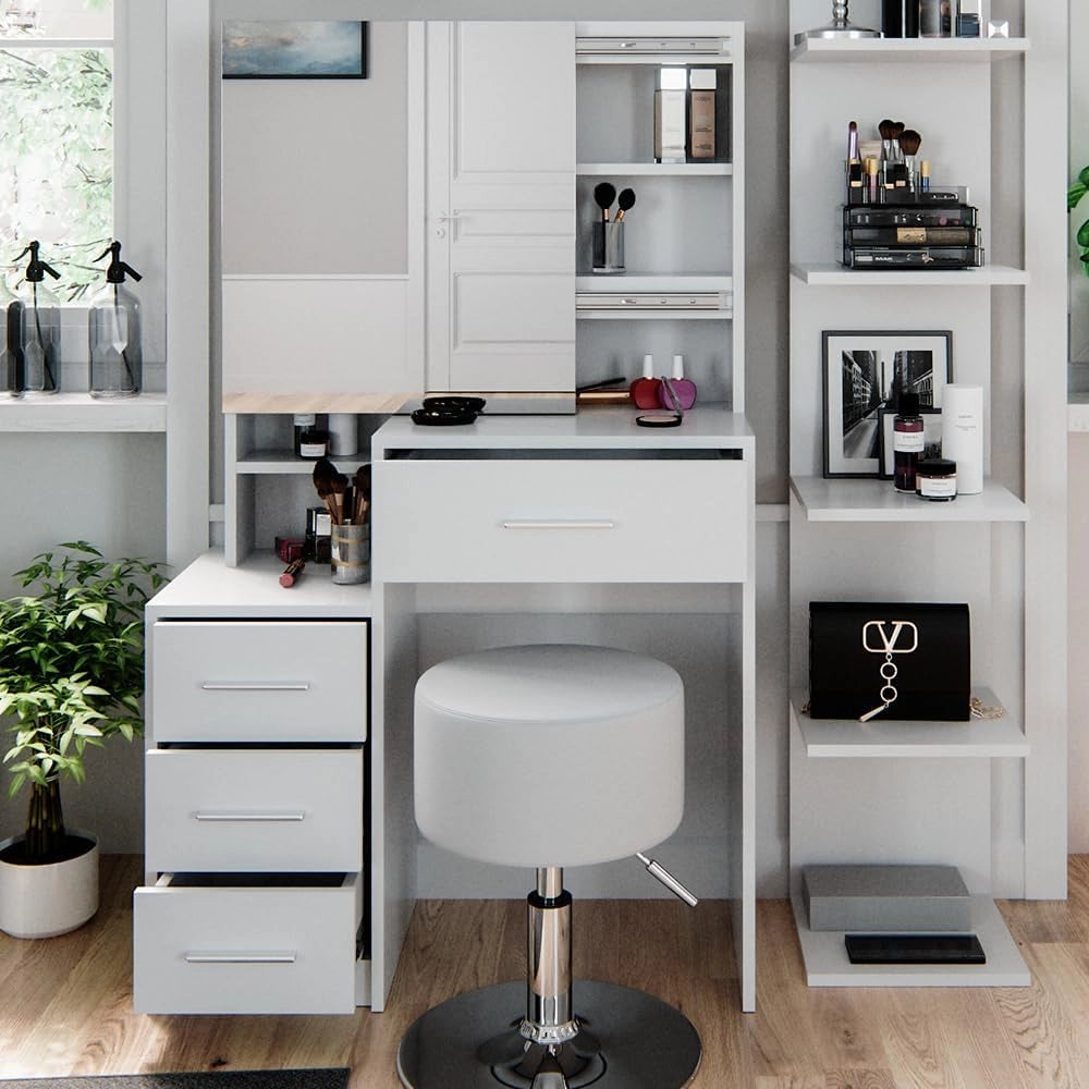 Vicco Tavolo da toeletta Conrada, Bianco, 80 cm con sgabello, adatto per l'organizzazione di articoli cosmetici e accessori