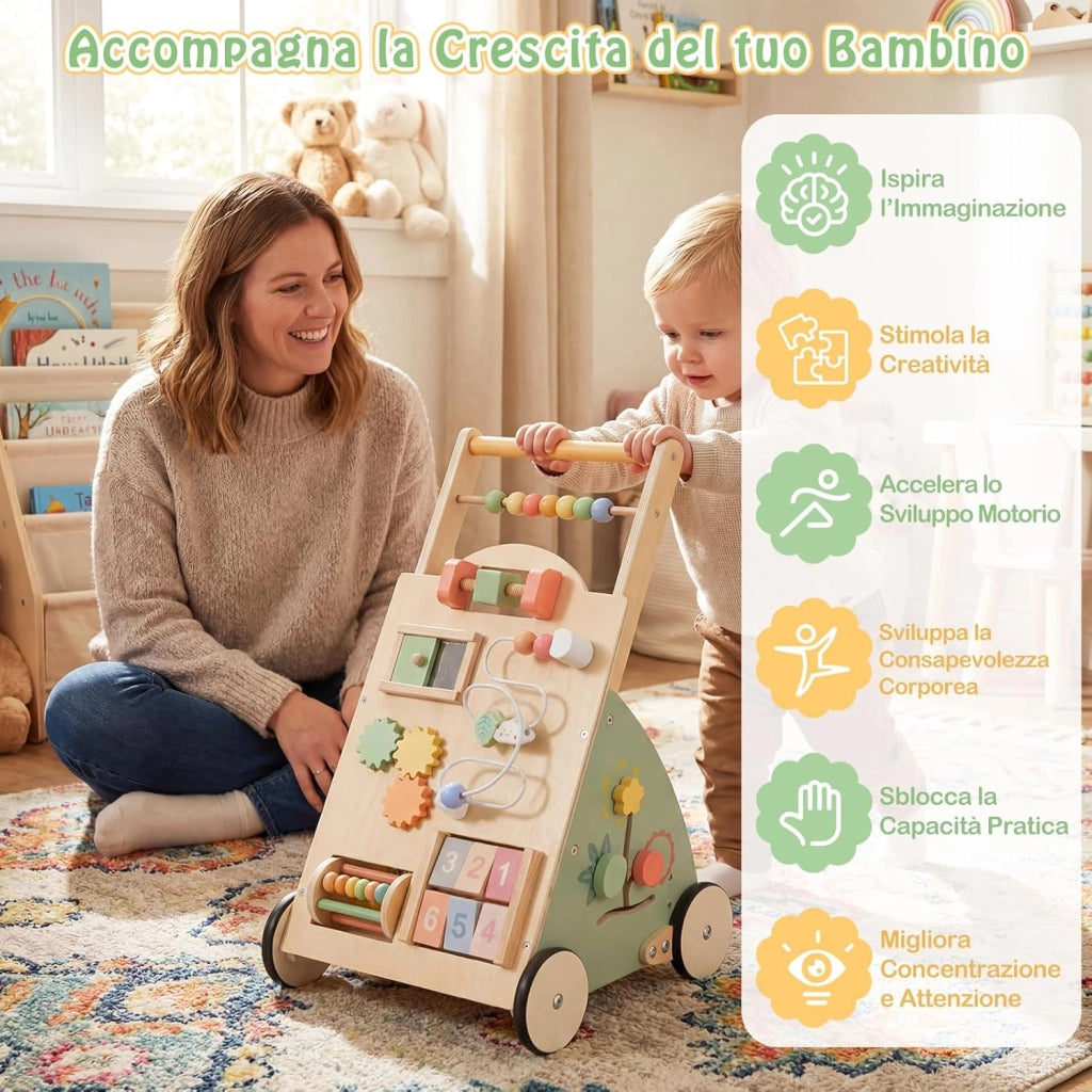 Carello Primi Passi in Legno per Bambini, Girello Montessori con Centro Attività, Ruote e Cestino Portaoggetti, Gioco Educativo per Bambini 12 + Mesi (Modello 5)