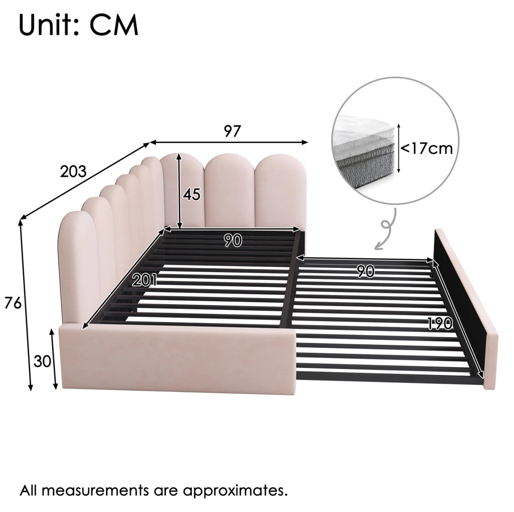 Divano letto 90x200 cm; rete estraibile; design a griglia; velluto; rosa (Senza materasso)