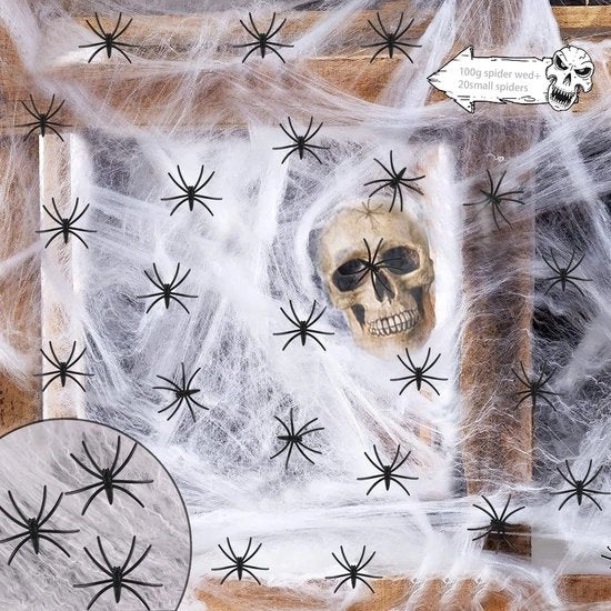 Decorazione di Halloween con Ragnatela - 100 g Ragnatela - 20 Fantocci di Ragno - Giocattolo per Halloween - Posizionamento Flessibile - Filo di Poliestere Resistente