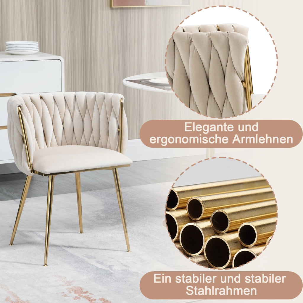 Sedia da pranzo in velluto con schienale intrecciato struttura stabile piedini antiscivolo design arrotondato avorio
