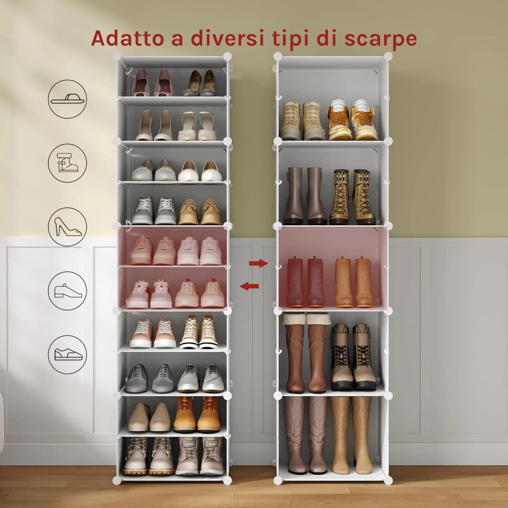 Scarpiera da Ingresso, Porta Scarpe con 10 Scomparti, Scarpiera Modulare per 40 Paia di Scarpe, Contenitore per Scarpe con Porte, in Plastica e Metallo, Bianco, 35x35x45cm/Scomparto