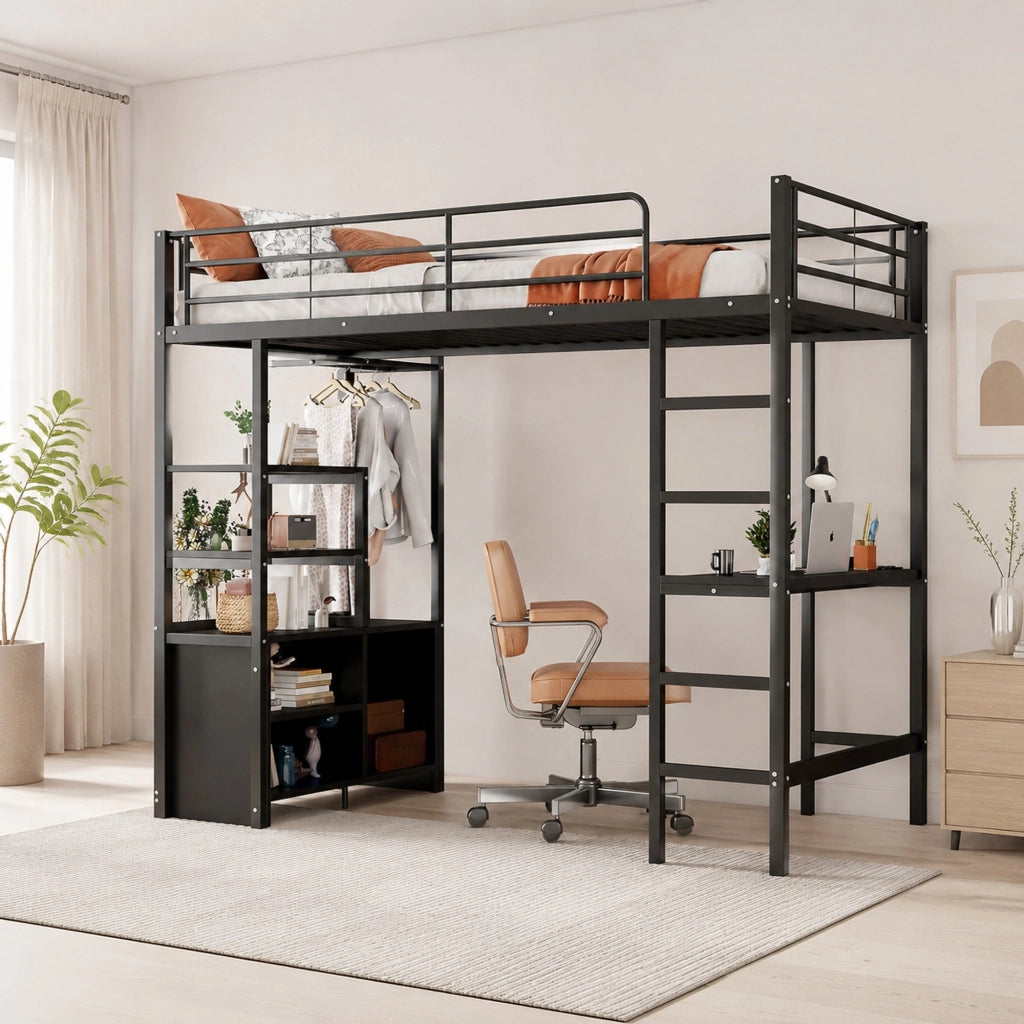 Letto a soppalco 90x200 cm con scrivania, ripiani e prese USB, nero