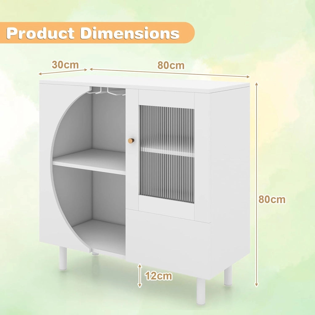 Mobiletto Moderno da Cucina, Credenza con Porta Calici, 2 Ripiani Aperti, Anta in Vetro Temperato, Cassetto, Mobile Bar Salvaspazio in Legno per Cucina, Sala da Pranzo, Soggiorno, Bianco