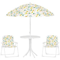 Set da Giardino per Bambini 2-5 Anni con Tavolino Rotondo, 2 Sedie Pieghevoli e un Ombrellone, Bianco
