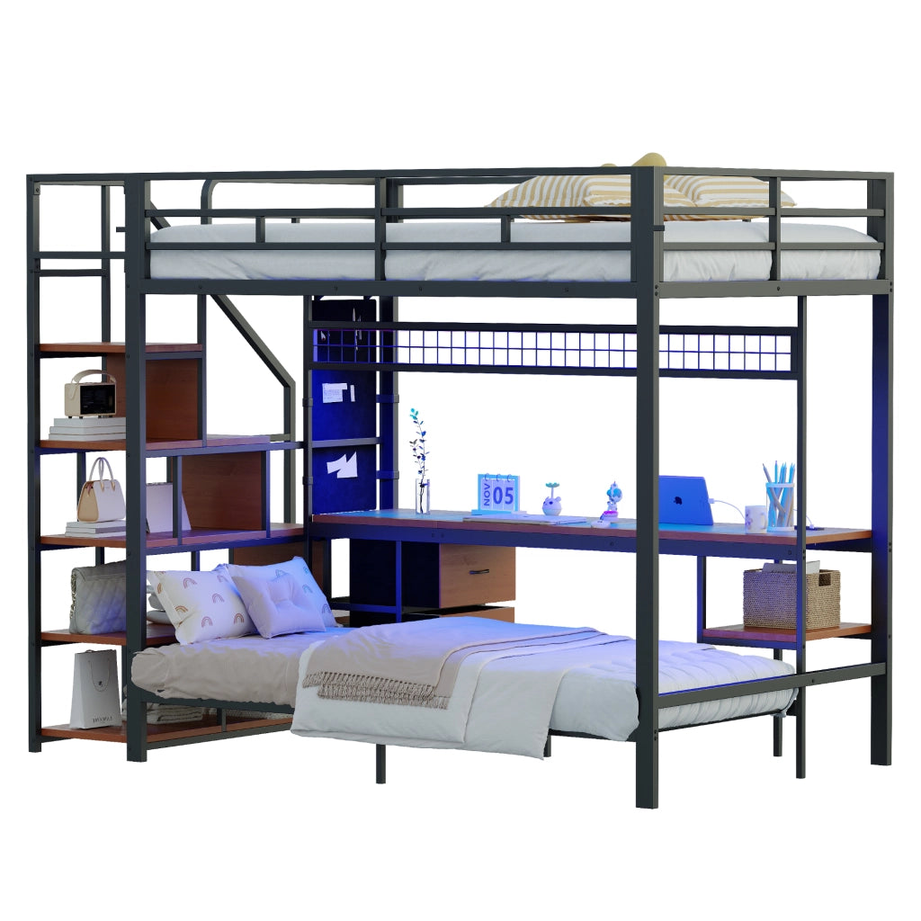 OKWISH Letto a soppalco 140×200 cm e 90×200 cm, Letto 3 Posti con Scrivania, LED, Prese e Cassetti in Tessuto, senza Materasso, Nero