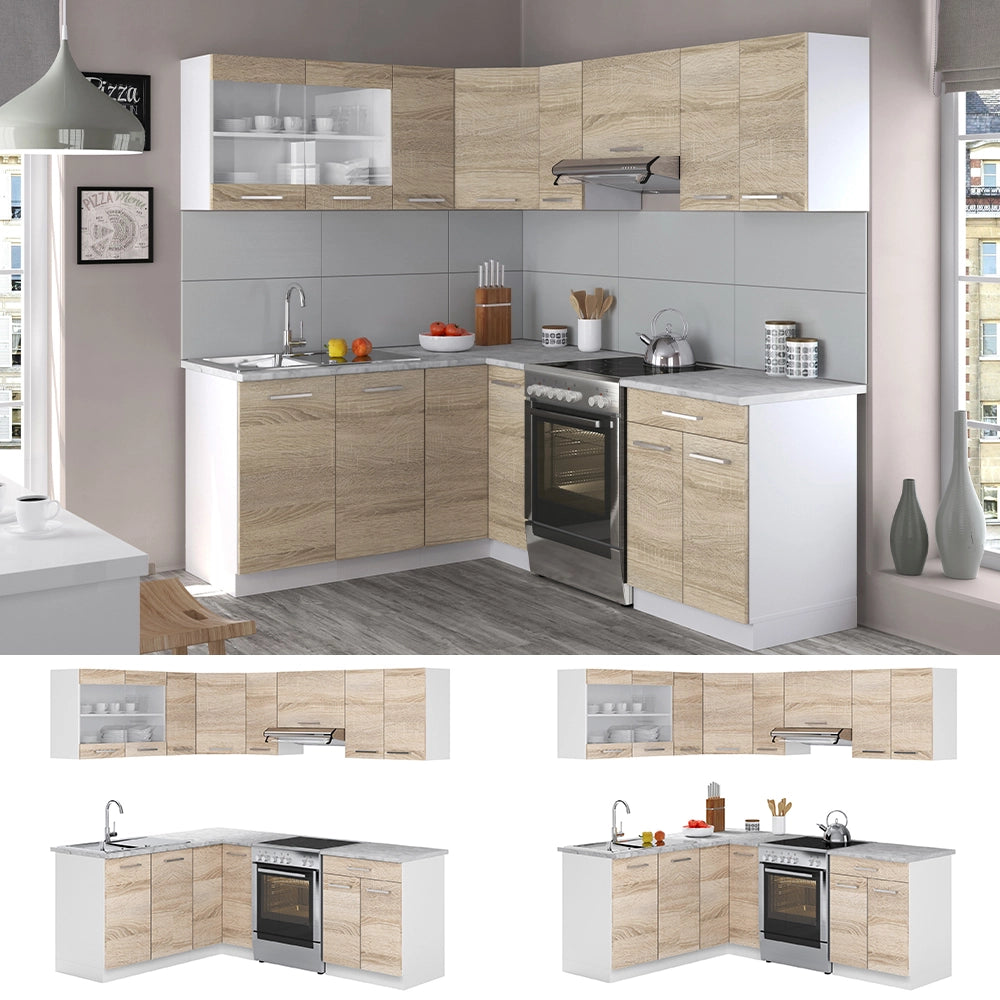 Cucina ad angolo Rick Sonoma/Bianco 207 x 60 cm, PL Marmo con striscia LED Vicco