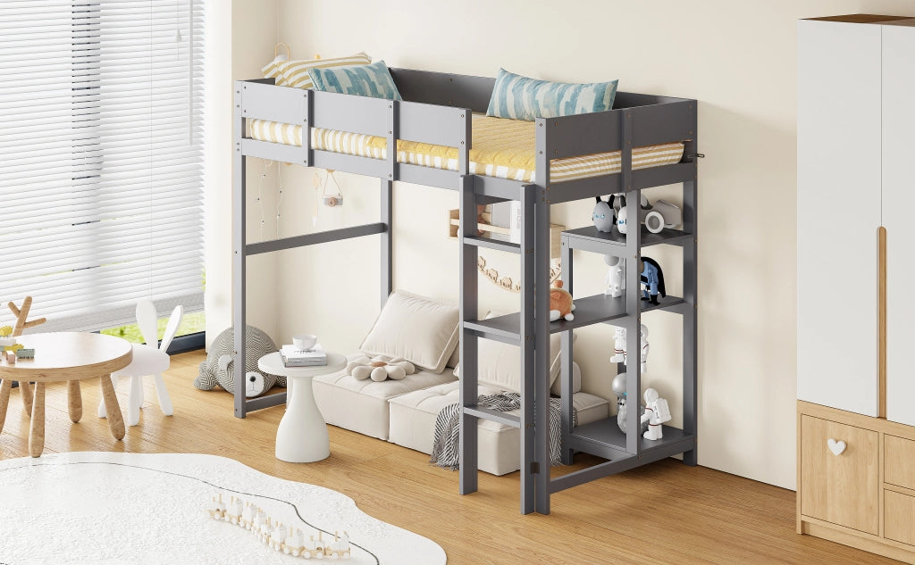 Letto a soppalco per bambini 90 × 200 cm con ripiano e barriere di sicurezza, senza materasso, in legno grigio