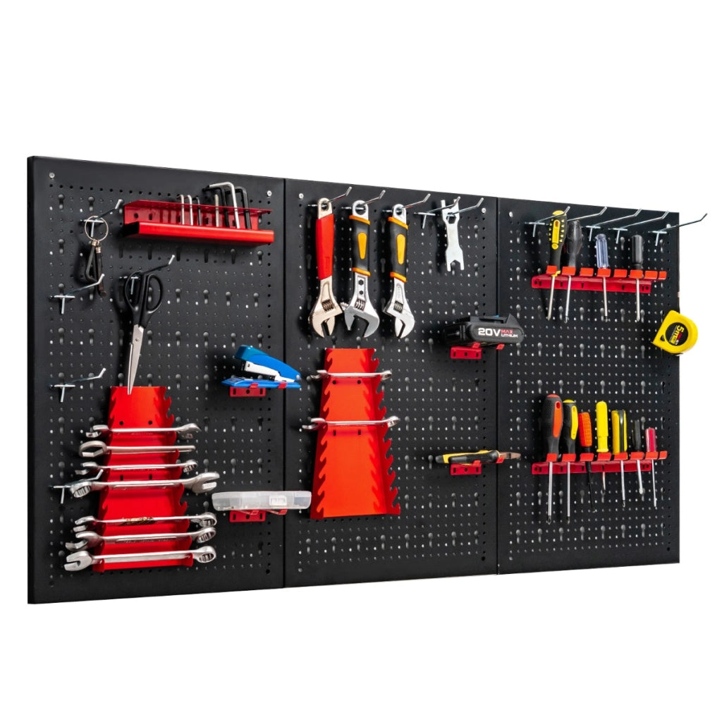 Organizer da parete in metallo con 3 pannelli forati 25 accessori, Kit per la conservazione degli attrezzi-Deposito utensili Tool
