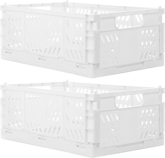 Cassa pieghevole 35 x 23 x 14 cm - Carrello stabile per spese - Carrello trasportabile da accumulare - Set di cassetti di archiviazione in bianco, 2 pezzi