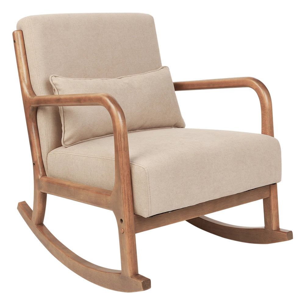 Sedia a dondolo Beige Tessuto Gambe in legno con braccioli e cuscino Soggiorno classico tradizionale