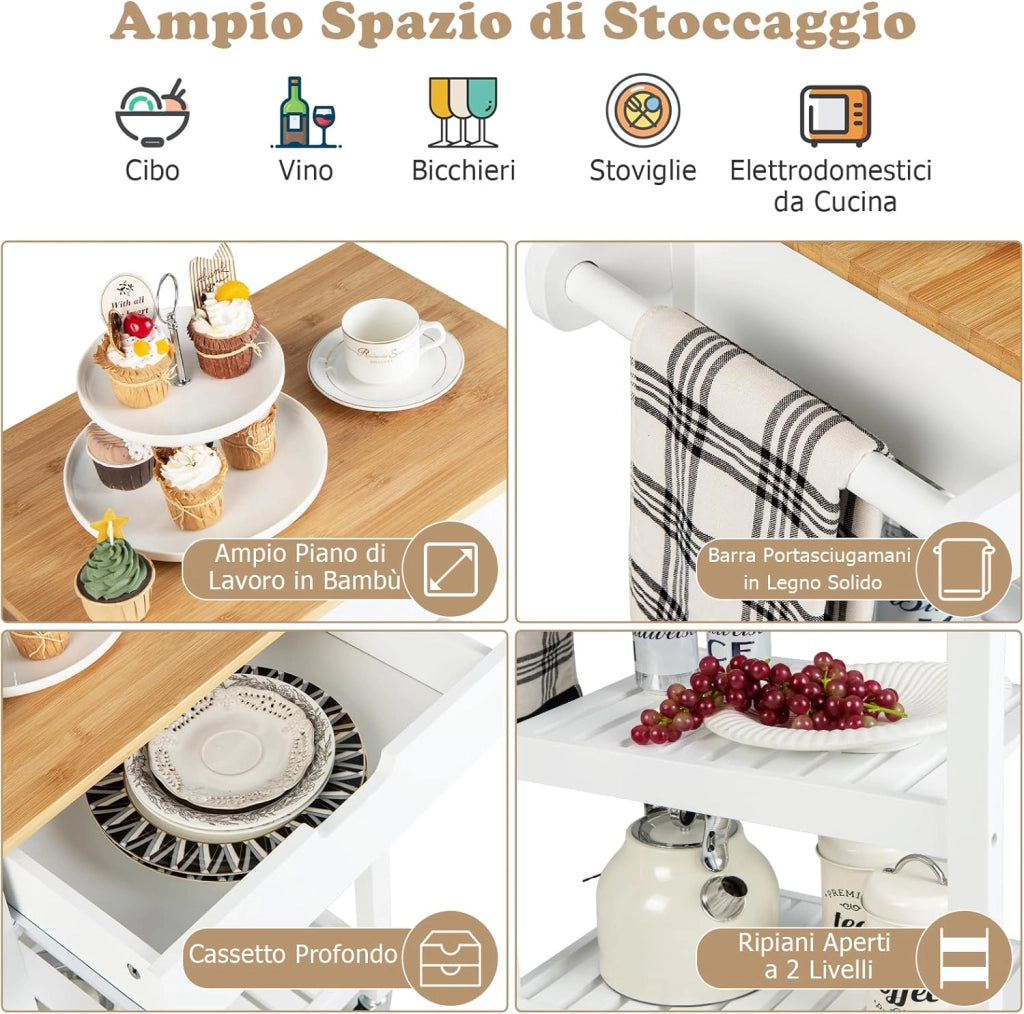 Carrello da Cucina con Ruote e Cassetto, Carrello Portaoggetti in Bambù con 2 Ripiani Aperti e Impugnatura, Carrello Bar da Cucina Sala da Pranzo Soggiorno (Bianco)