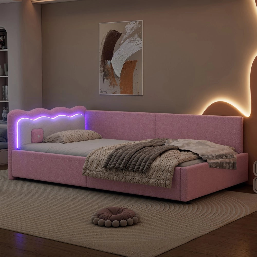 Letto Singolo con LED e Rete a Doghe ¨C MINIMAL ¨C Rosa, Tessuto, 90x200