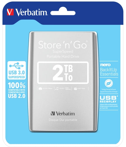 Verbatim Disco rigido portatile Store 'n' Go USB 3.0 da 2 TB Argento