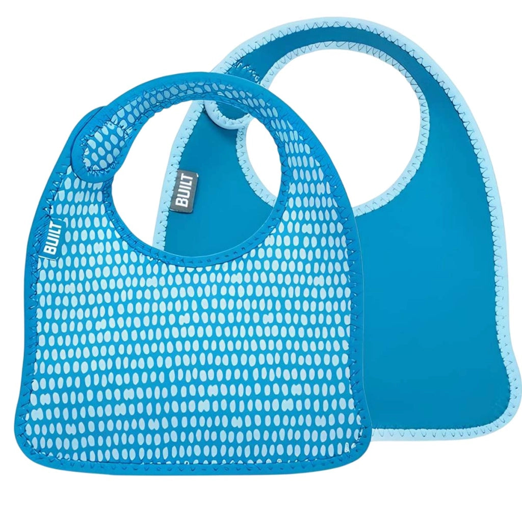 Set di 2 Bavaglini Neonato in Neoprene Motivo a Pois con Chiusura a Strappo Blu Built