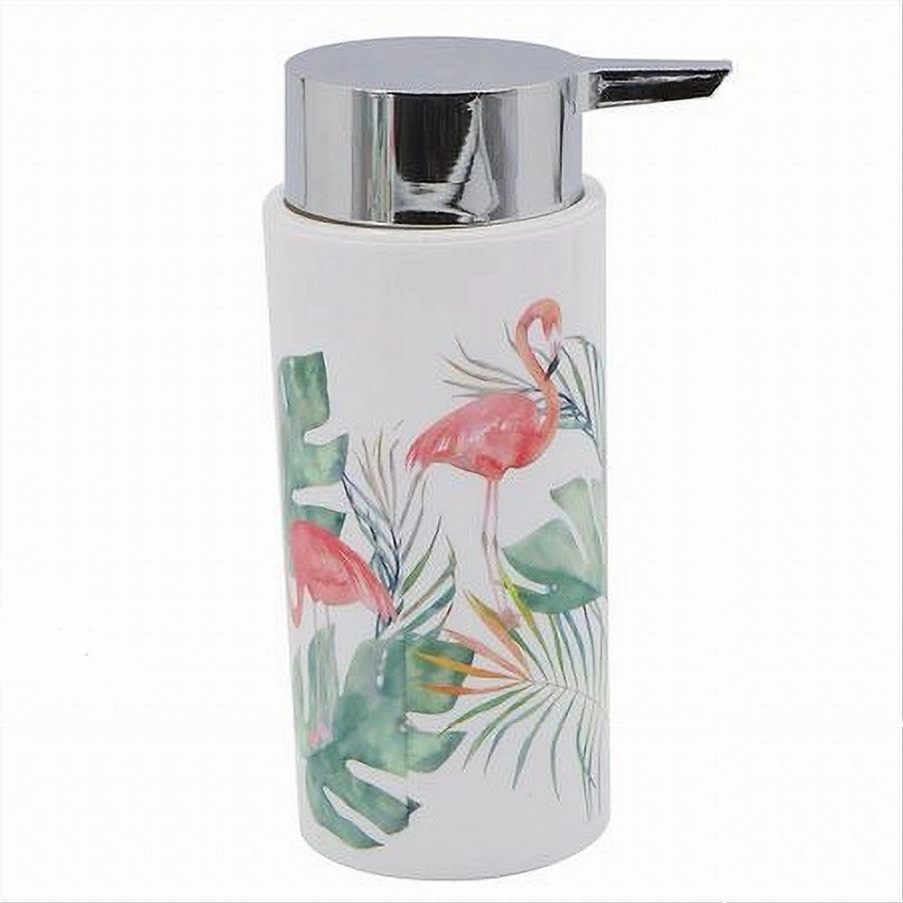 Trade Shop - Dispenser Porta Sapone Liquido Cilindrico In Plastica 15,6 Cm Fenicotteri 69963 -