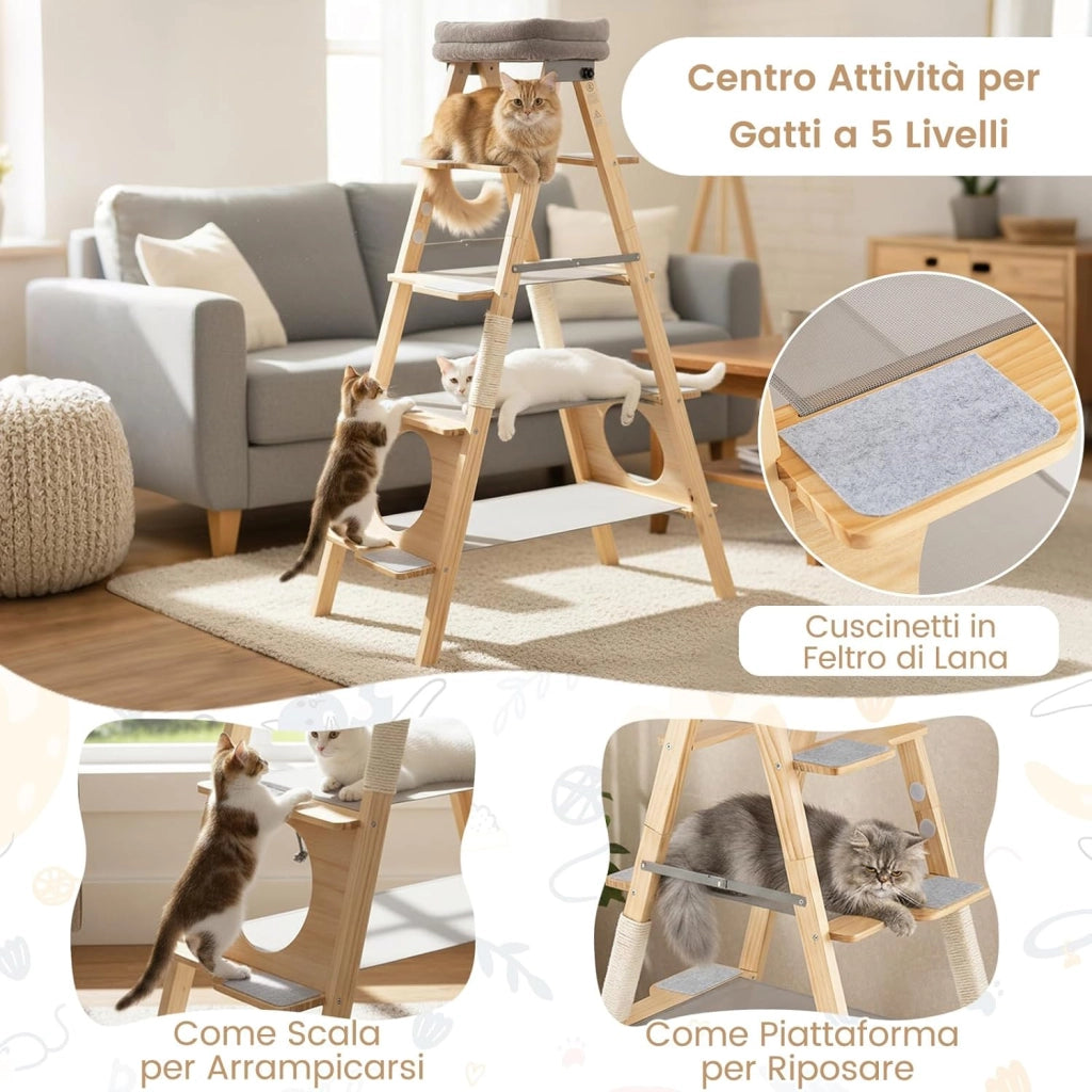 Albero per Gatti Alto 151cm, Tiragraffi per Gatti in Legno con Design a Scala, Cuscino Imbottito e Torretta Superiore, Palo Graffiatrice in Sisal, Mobile Salvaspazio per Gattini