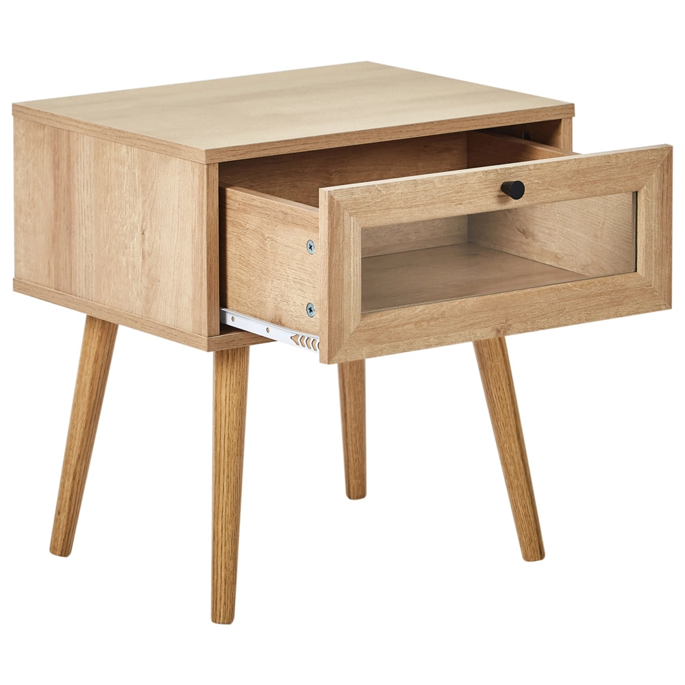 Comodino in legno chiaro con gambe in legno di pino 1 cassetto con ante in vetro Stile minimalista