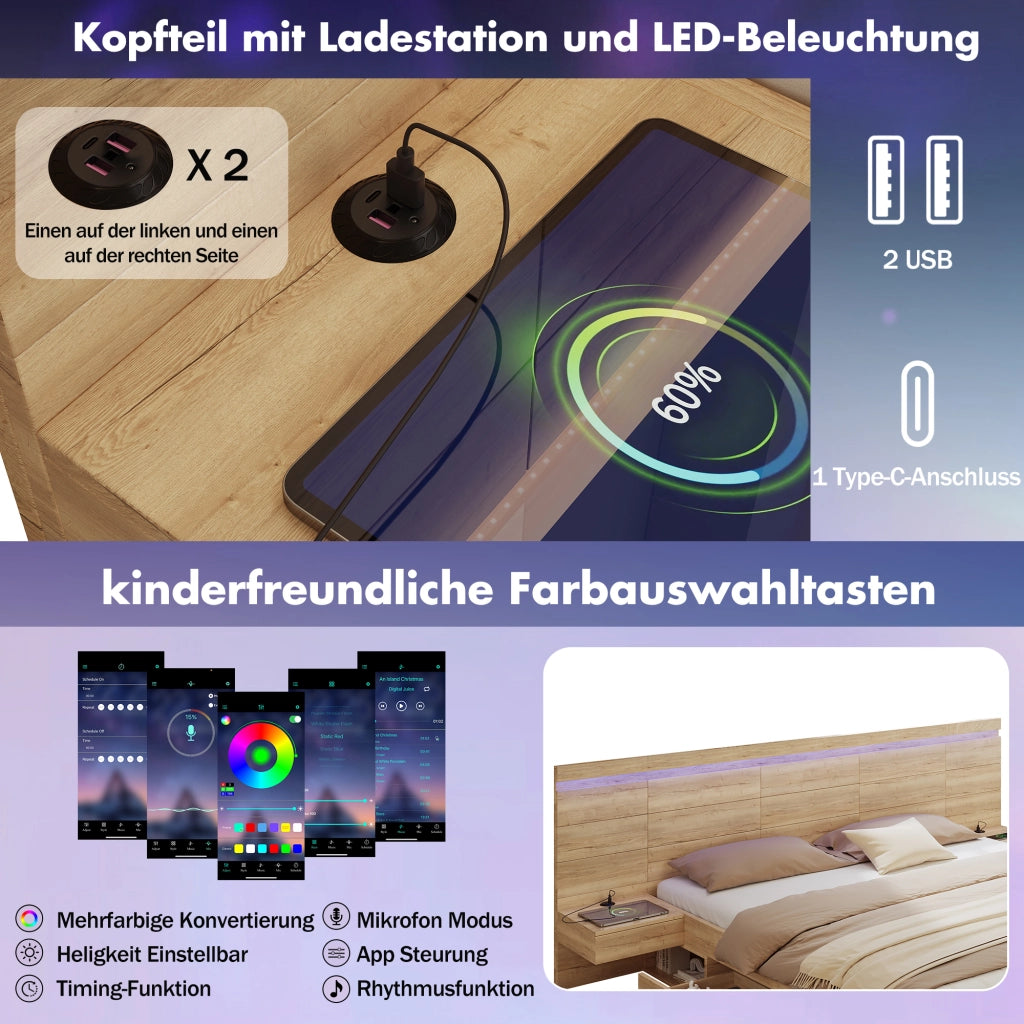 DESMIU Lit Matrimoniale 180 × 200 cm con 2 comodini, cassetti, USB e Type-C, LED, senza materasso, in MDF, naturale