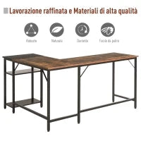 Scrivania Angolare in Stile Industriale con Ripiano Laterale, in Legno e Metallo Nero, 150x120x75cm
