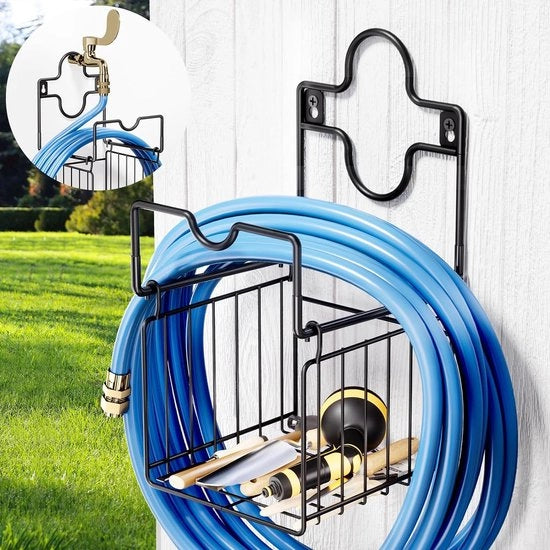 Sostegno per tubi da giardino con cassetta per attrezzi Supporto per tubi da giardino fissaggio alla parete Tubo da giardino avvolgicavo Supporto robusto per tubi da giardino da esterno