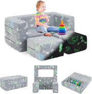 Divano Pieghevole 3 in 1 per Bambini Brilla al Buio, Poltrona Bambini con Rivestimento in Flanella Rimovibile e Lavabile, Pouf per Cameretta (Dinosauro Grigio)