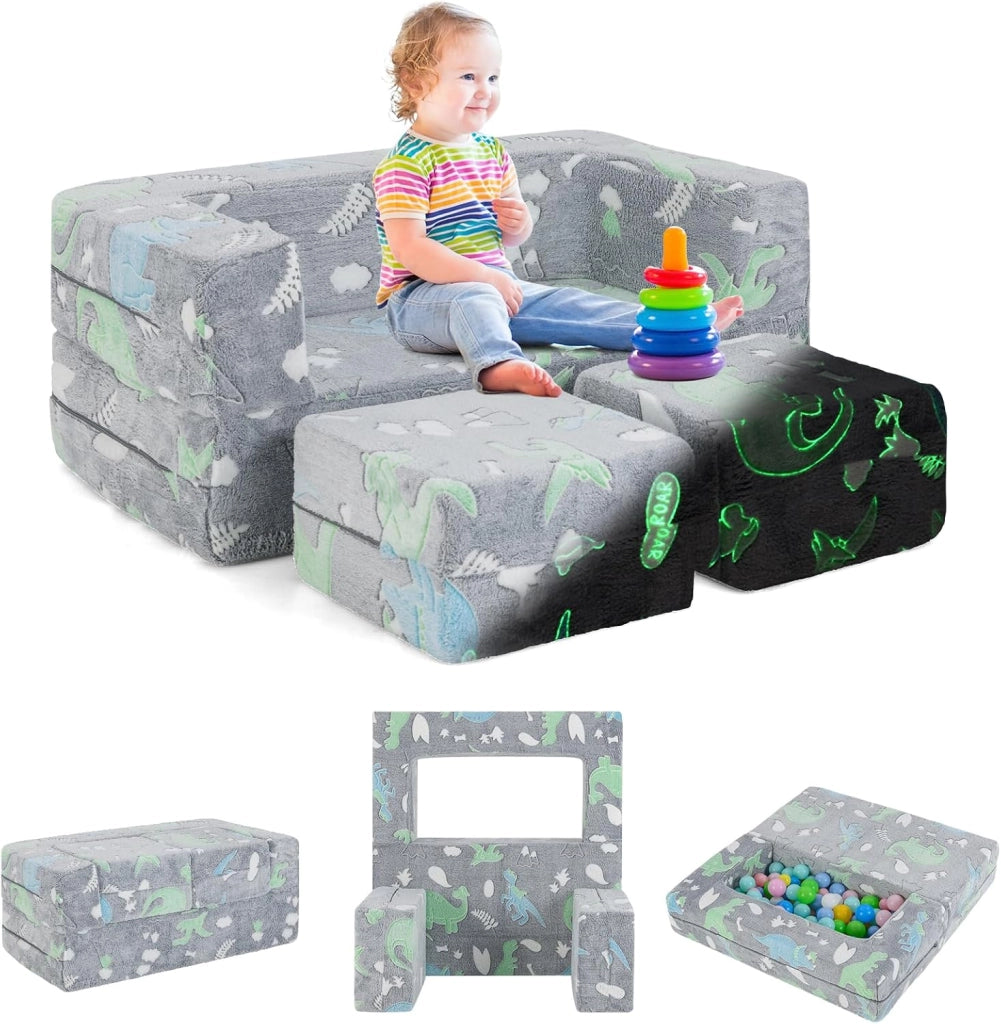 Divano Pieghevole 3 in 1 per Bambini Brilla al Buio, Poltrona Bambini con Rivestimento in Flanella Rimovibile e Lavabile, Pouf per Cameretta (Dinosauro Grigio)