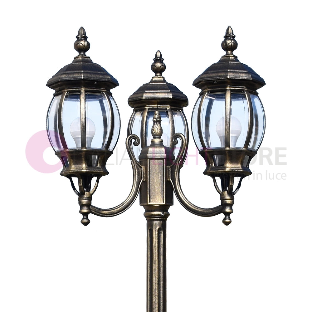 ENEA Lampione a 3 luci h.212 in Alluminio per Esterno Vialetto Giardino NERO-ORO