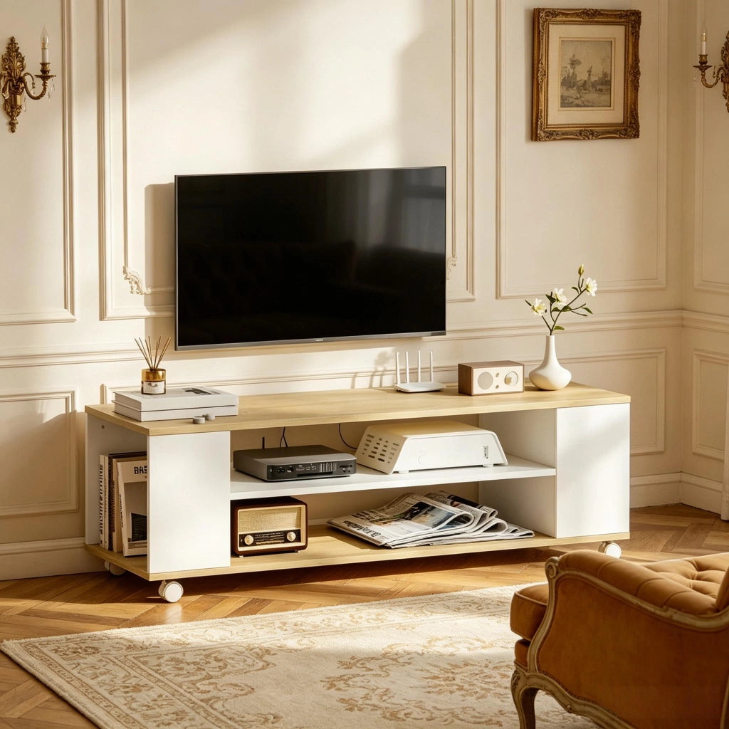Mobile TV con 2 vani aperti e 2 scomparti laterali, su ruote o sospeso, 120x40x38.5 cm