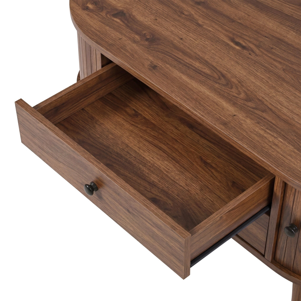 Tavolino ovale, finitura effetto legno, ante scorrevoli, 2 cassetti, in MDF, color noce
