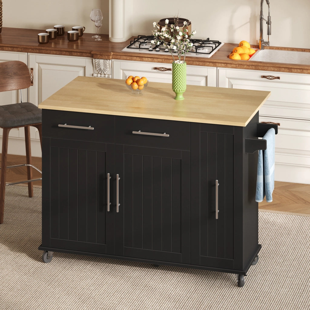 Isola da cucina mobile con piano pieghevole, organizer estraibile a 3 livelli, 2 cassetti e ruote