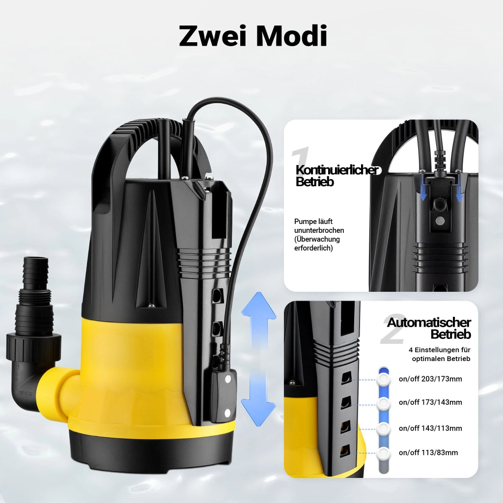 Pompa sommersa con sensore 750W, pompa a immersione per acque chiare con 2 modalità di funzionamento, 13000 l/h, prevalenza 9,5 m, profondità 7 m