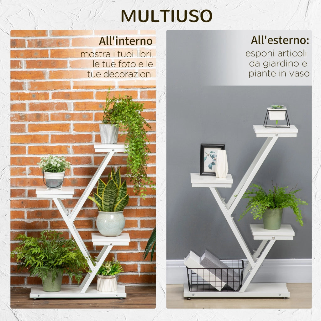 Easycomfort Scaletta Portavasi a 4 Livelli per Interni ed Esterni in MDF e Acciaio, 50.5x24x81 cm, Bianco