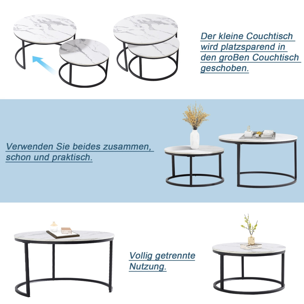 TAVOLINO DA CAFFÈ Set 2 Pezzi 80x45 cm Effetto Marmo Bianco con Struttura Nera