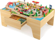 Tavolo e Set di Trenini in Legno, Tavolo Reversibile e Staccabile e Binari in Legno Massiccio, Set da Gioco Creativo 84/80 Pezzi, per Bambini 3 Anni+ (Stile 1)