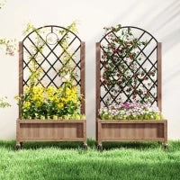Set da 2 Letti Rialzati con Ruote, Griglia di Supporto, Fioriera a Traliccio in Legno 152x25x97cm Marrone