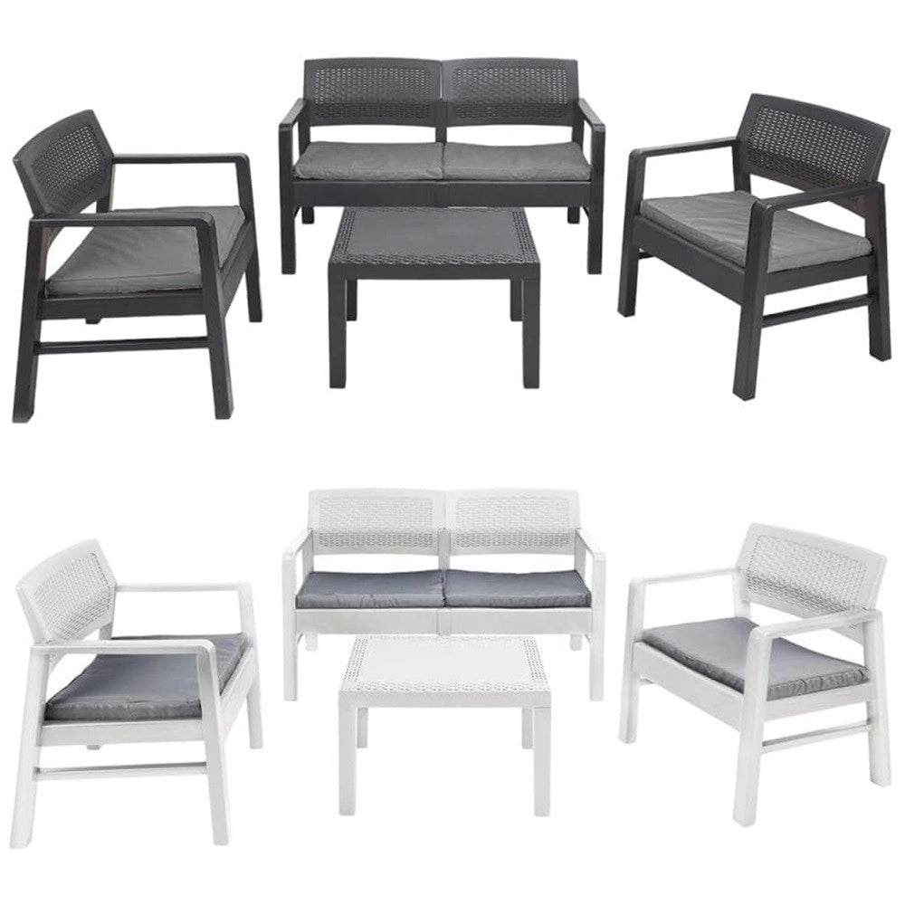 Trade Shop - Set Salotto Giardino Esterno Con Divano 2 Poltrone Tavolino Effetto Rattan Con Cuscini -