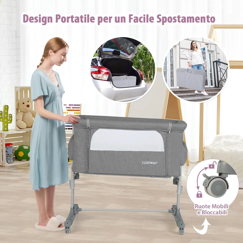 Culla Neonato Fianco Letto 3 in 1, Lettino Dondolo Neonati con Materasso, Culla da Campeggio con Ruote e Borsa, Regolabile In Altezza, Inclinazione di 10°, per Bambini 0-6 Mesi (Grigio)