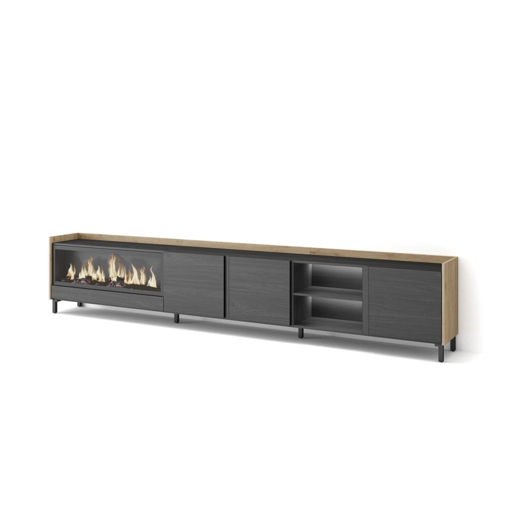 Mobile TV Soggiorno, 315x61x35 cm, Per TV fino a 80", Camino elettrico XXL, Design industriale, LED, Nero e rovere