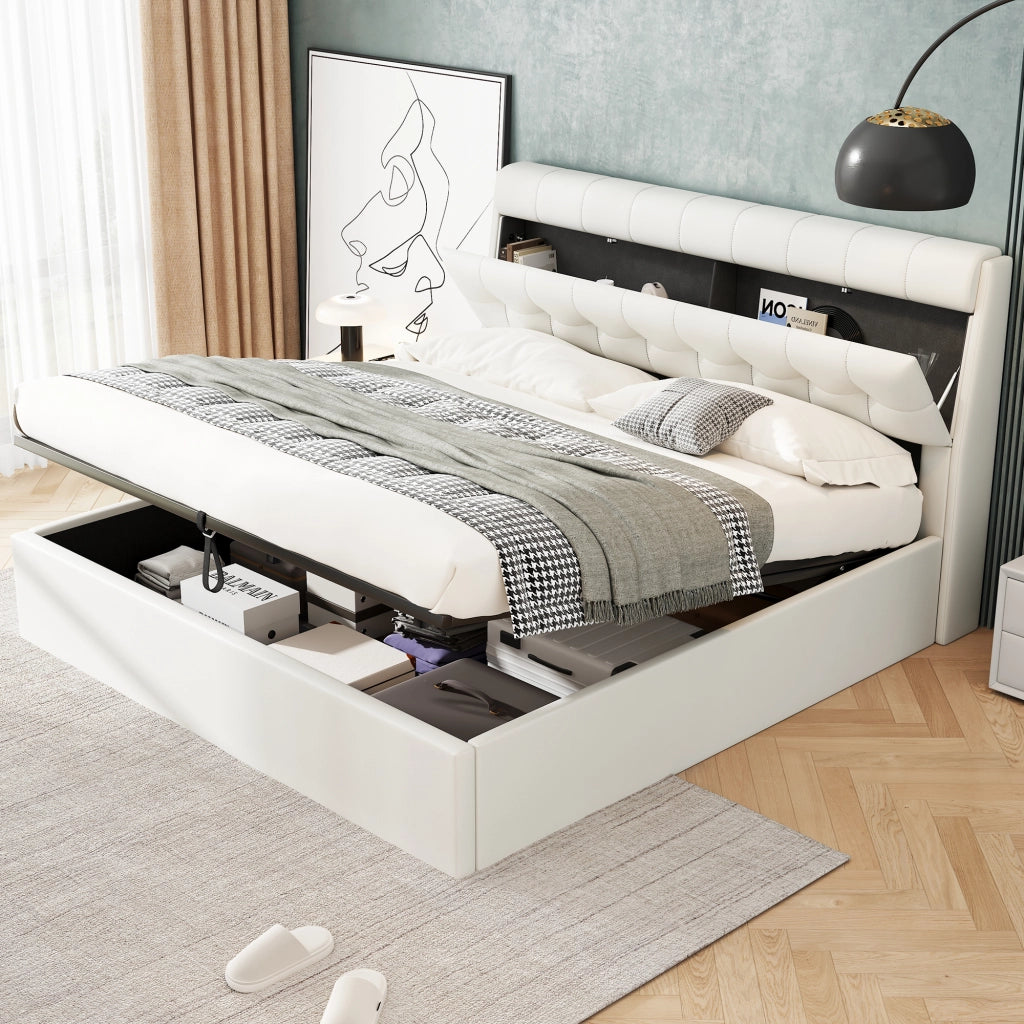 OKWISH Letto Contenitore 160×200 cm, Letto Matrimoniale con Vano Nascosto, Alzata Idraulica e Rete a Doghe, senza Materasso, PU, Bianco