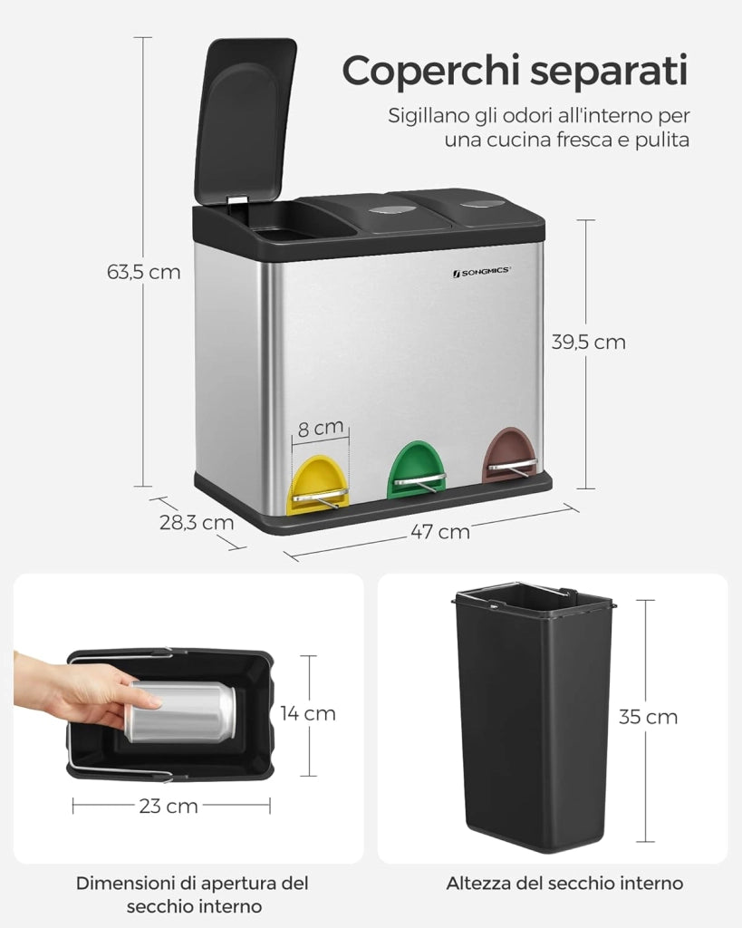 SONGMICS Cestino per Rifiuti da Cucina, 3 x 8 L Pattumiera Differenziata Piccolo Volume, Cestino Triplo in Acciaio, Pedali e Secchi Interni, Facile da Pulire, Argento e Nero LTB24L