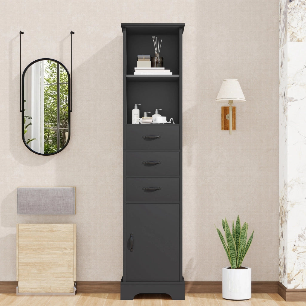 Mobile bagno alto 38 x 26 x 172,5 cm in MDF nero, con 3 cassetti, ripiani aperti e anta, finitura laccata resistente all¡¯umidit¨¤