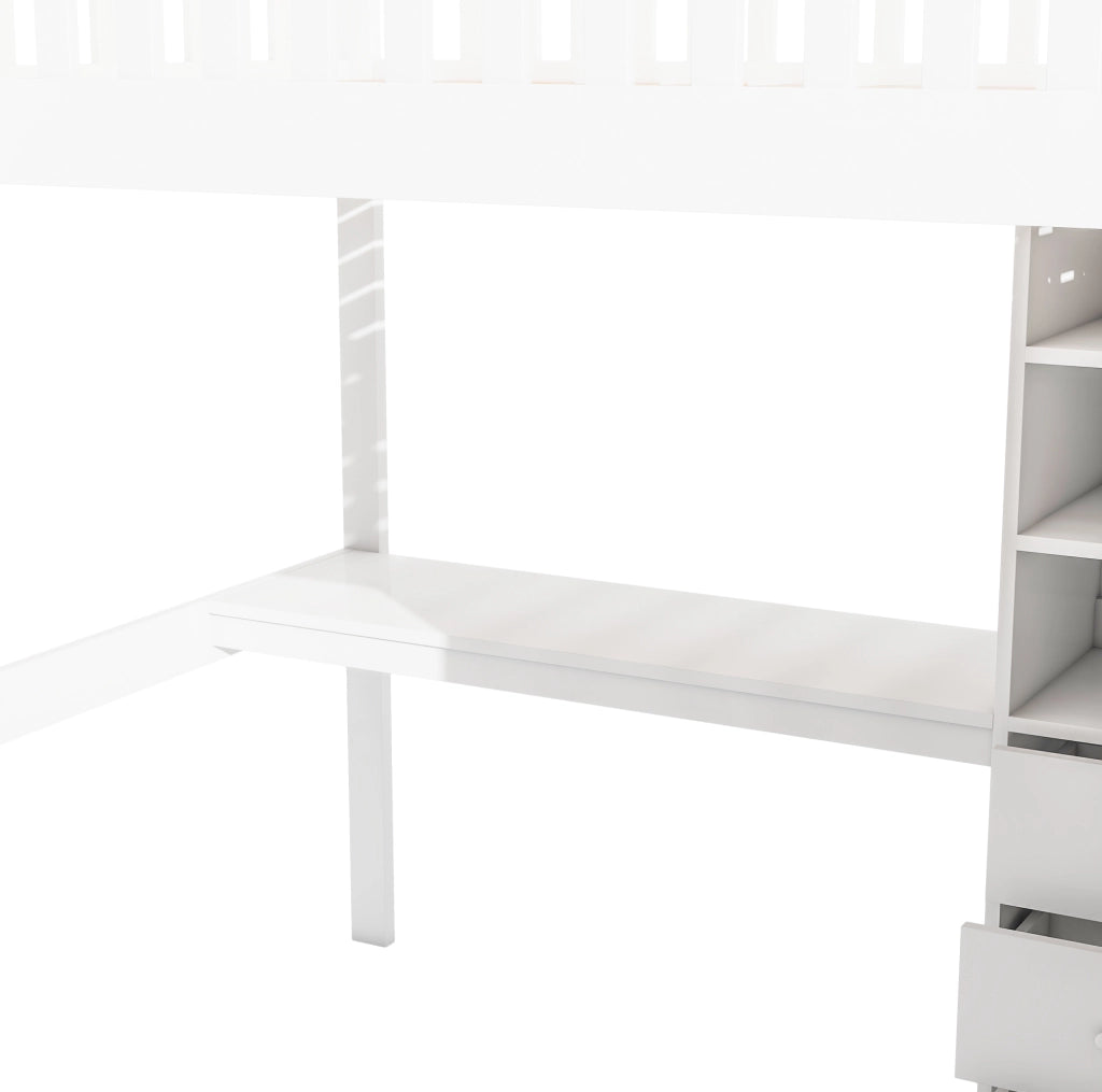 Letto a soppalco 140x200 cm bianco con scrivania, armadio, 3 cassetti e scala