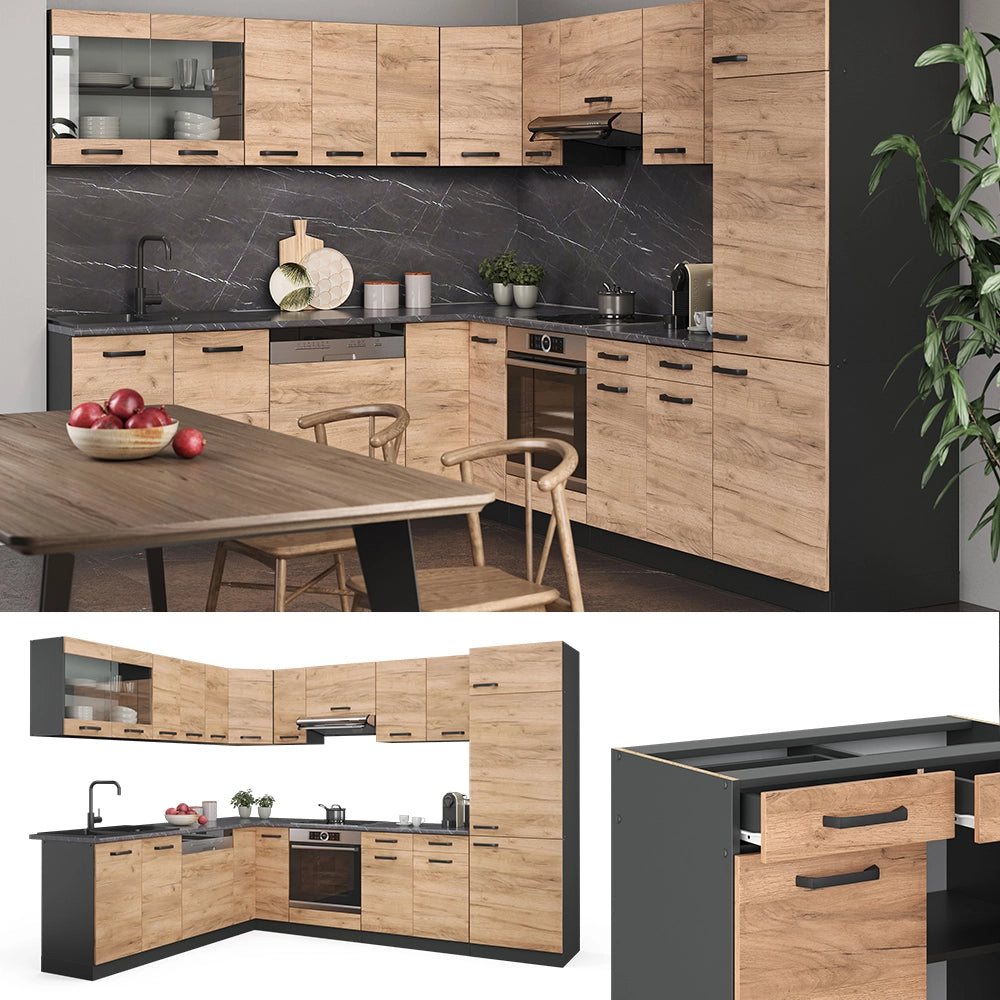 Vicco Cucina angolare completa Quercia dorata/antracite 227 x 287 cm senza piano di lavoro