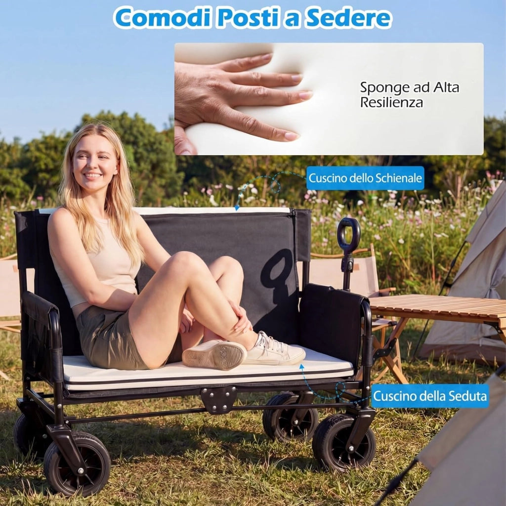 2 in 1 Carrello Pieghevole con Panca, Carrello Trasportabile con Maniglia Regolabile, Cuscini Morbidi e Ruote, Carrello da Giardino in 600D Oxford, 80 kg, 85 L, per Campeggio e Spiaggia (Nero)