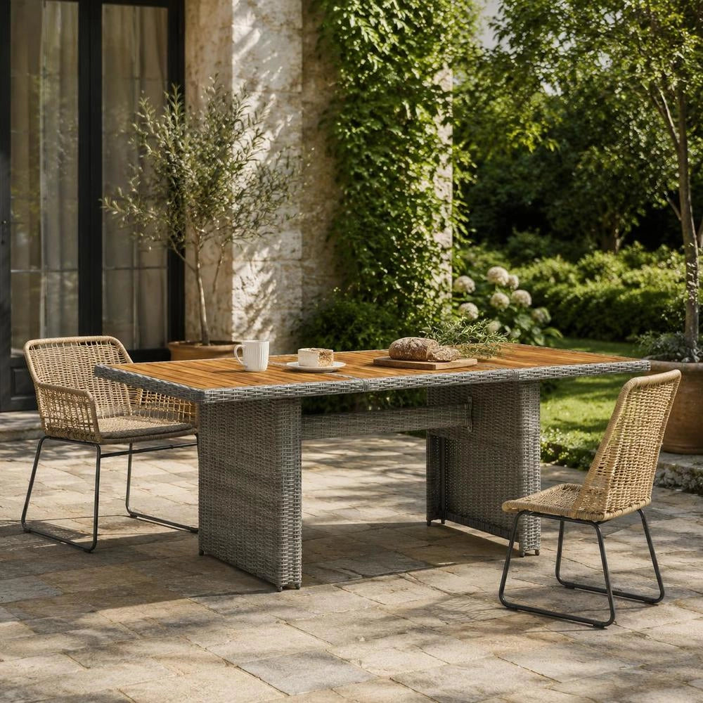 Garden Table Light Grey Poly Rattan And Acacia Solid Wood