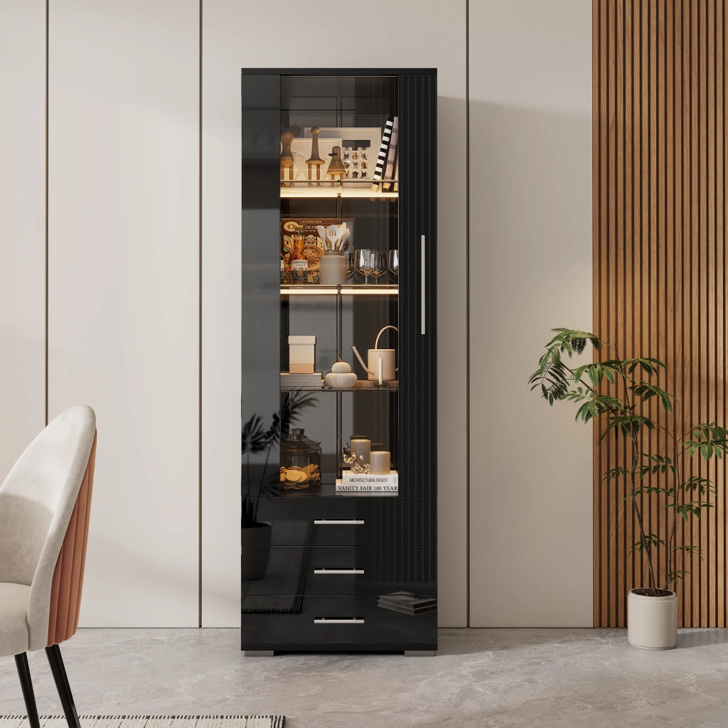 Vetrina con LED, 1 anta e 3 cassetti, frontale lucido, per soggiorno e studio, in MDF, nero, 60 × 35 × 180 cm